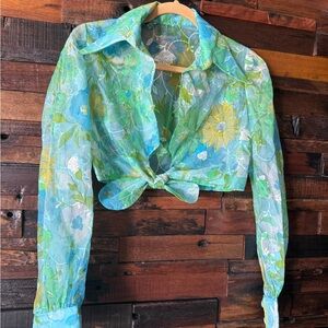 Vintage 60s/70s Sheer Floral Tie Front Blouse Aqua Green Boho Crop Top